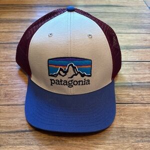 Patagonia Mesh Back Trucker Hat Cap Mountain Logo Patch Blue Maroon Snapback